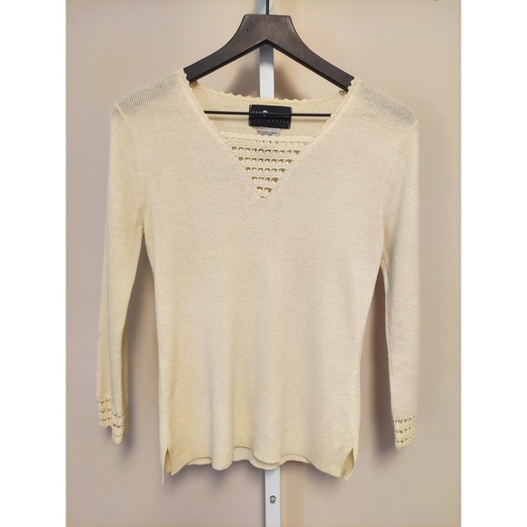 Sag Harbor Sweaters - Sag Harbor Petite Cream Crochet V-Neck Ramie Blend Knit Sweater Top PXS Coquette